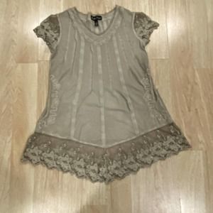 Boho Lace Gretty Zueger Vneck Tunic Top W/ Pockets Taupe SZ M Soft & Comfy